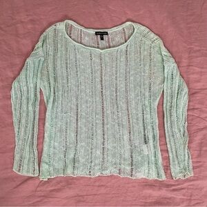 Eileen Fisher Sheer Mint Green Open Weave Knit Sweater Size Small Linen Blend